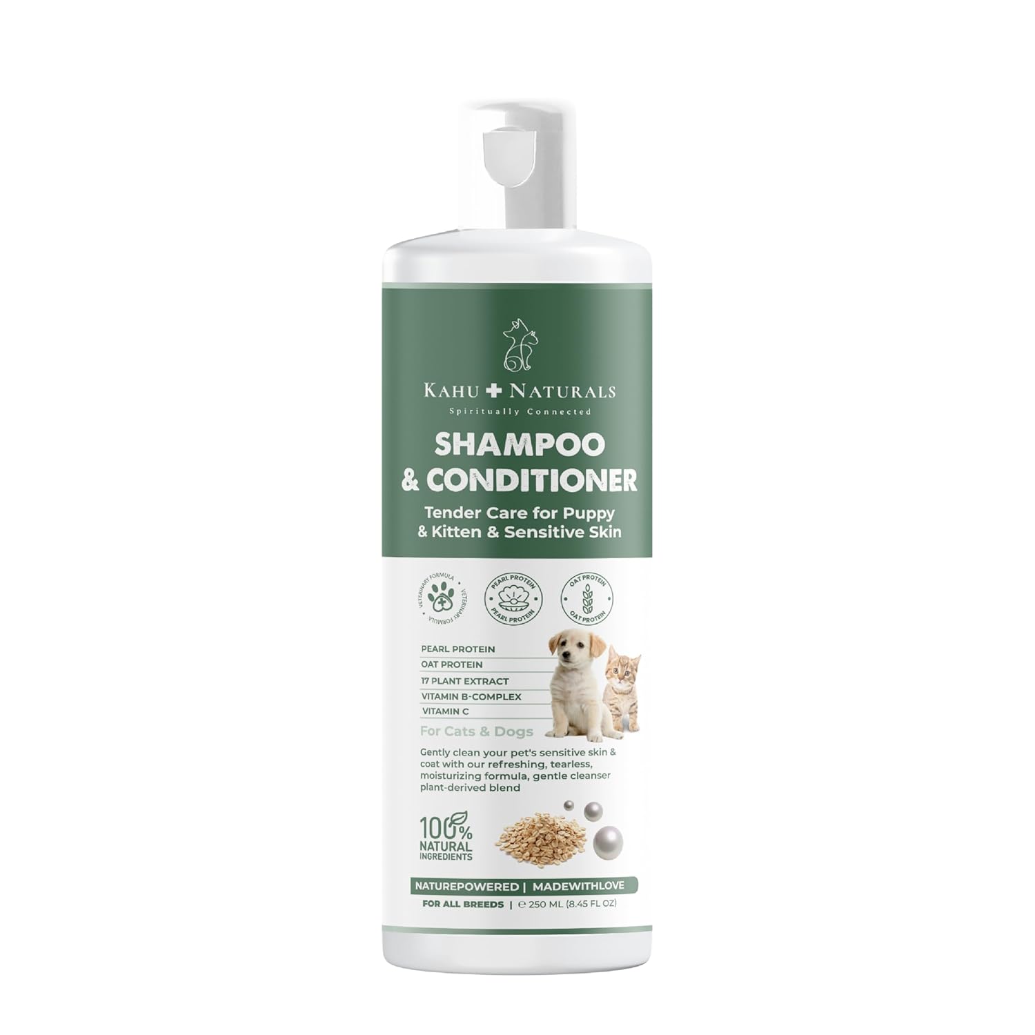 Kahu Naturals TenderCare Şampuan ve Nemlendirici, Yavru ve Hassas Cilde Sahip Kedi ve Köpekler için, Hipoalerjenik, Bitkisel Ekstrakt, 250 ml