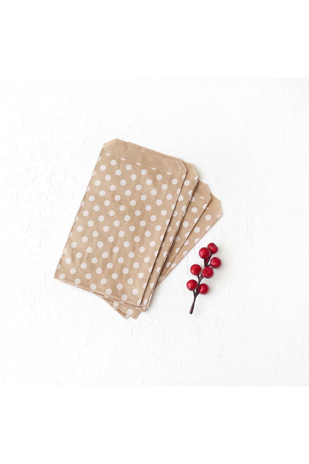 Bimotif Puantiye desenli 25 adet kese kağıdı, kraft-beyaz, 11x20 cm