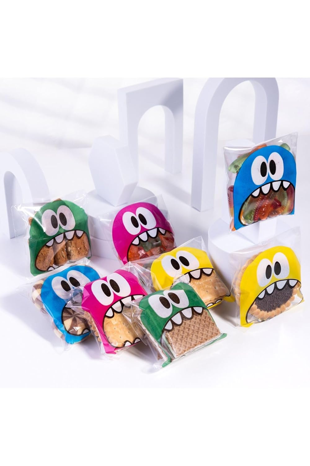 Bimotif Karışık canavar desenli bantlı cake pops ve kurabiye poşeti, 10x15 cm, 100 adet