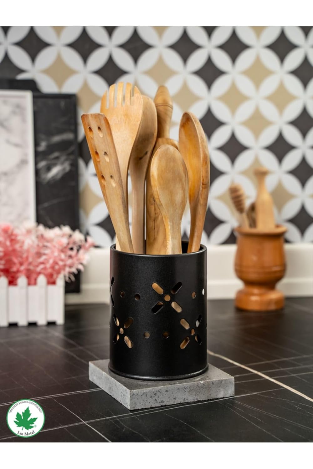 Lin Metal Papatya Çatal-Bıçaklık Metal Mutfak Düzenleyici, Kaşıklık, Tezgahüstü Organizer, Kaşıklık Standı Siyah