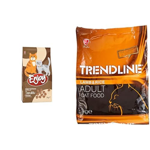 Enjoy Kuru Kedi Maması, Tavuklu, Yetişkin, Keten Tohumu ile Omega 3 & 6 Katkısı, 1 Kg ve Trendline Kuzu Etli Yetişkin Kedi Maması 1 kg