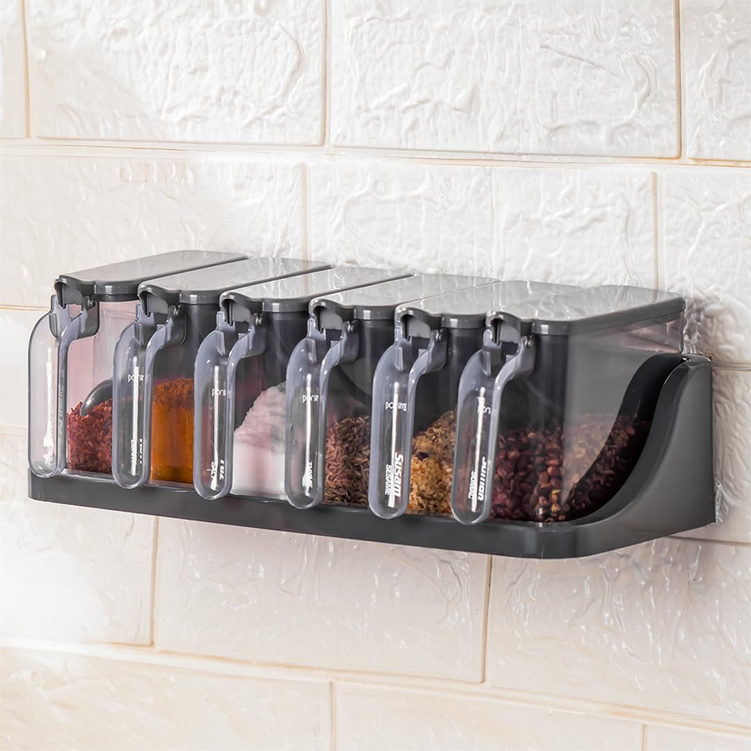 Porsima 1182 6 lı Standlı Kendinden Yapışkanlı Kapaklı Kaşıklı Baharatlık Takımı - Baharatlık - Antrasit