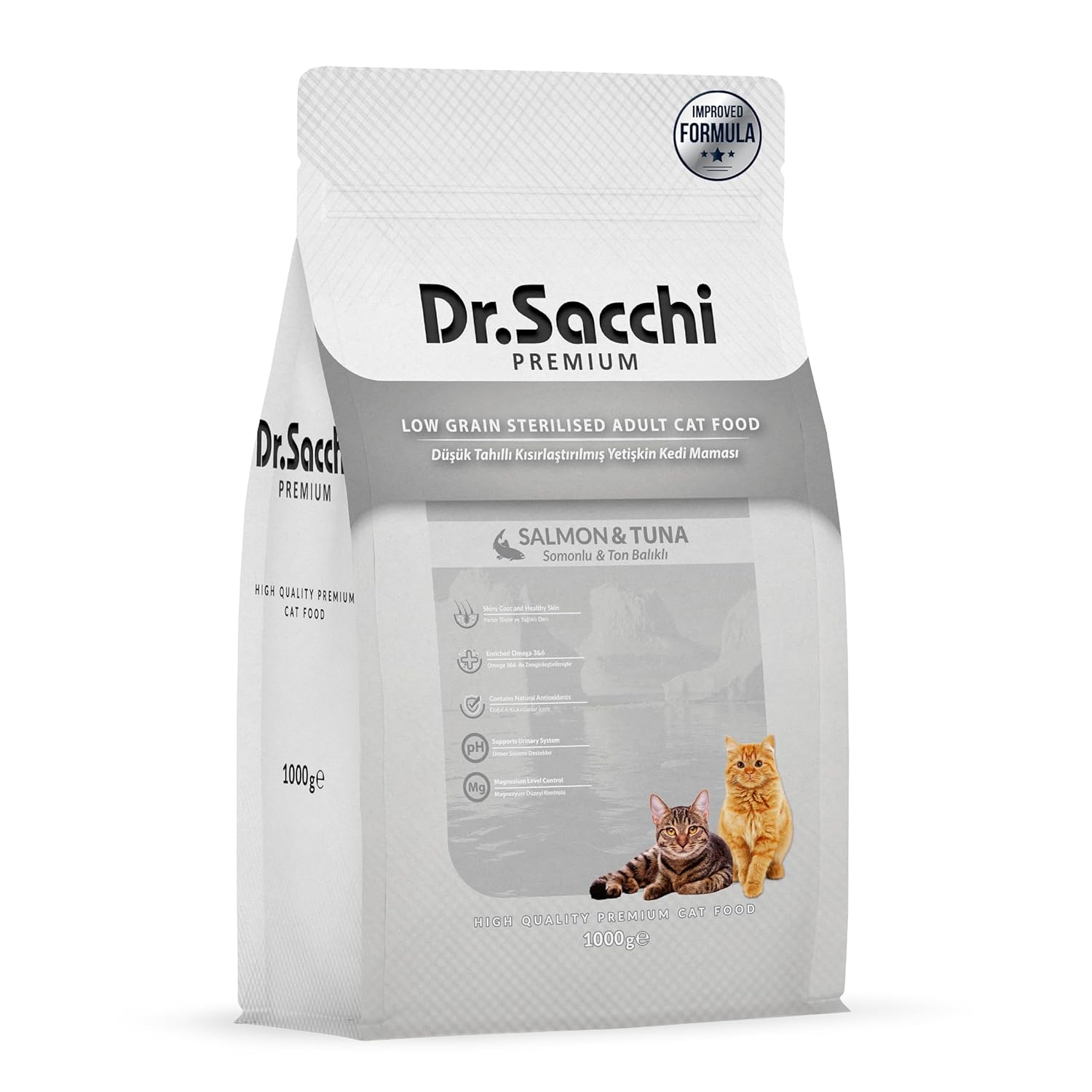 Dr.Sacchi Premium Düşük Tahıllı Somonlu Ve Ton Balıklı Kısırlaştırılmış Kedi Maması 1 kg