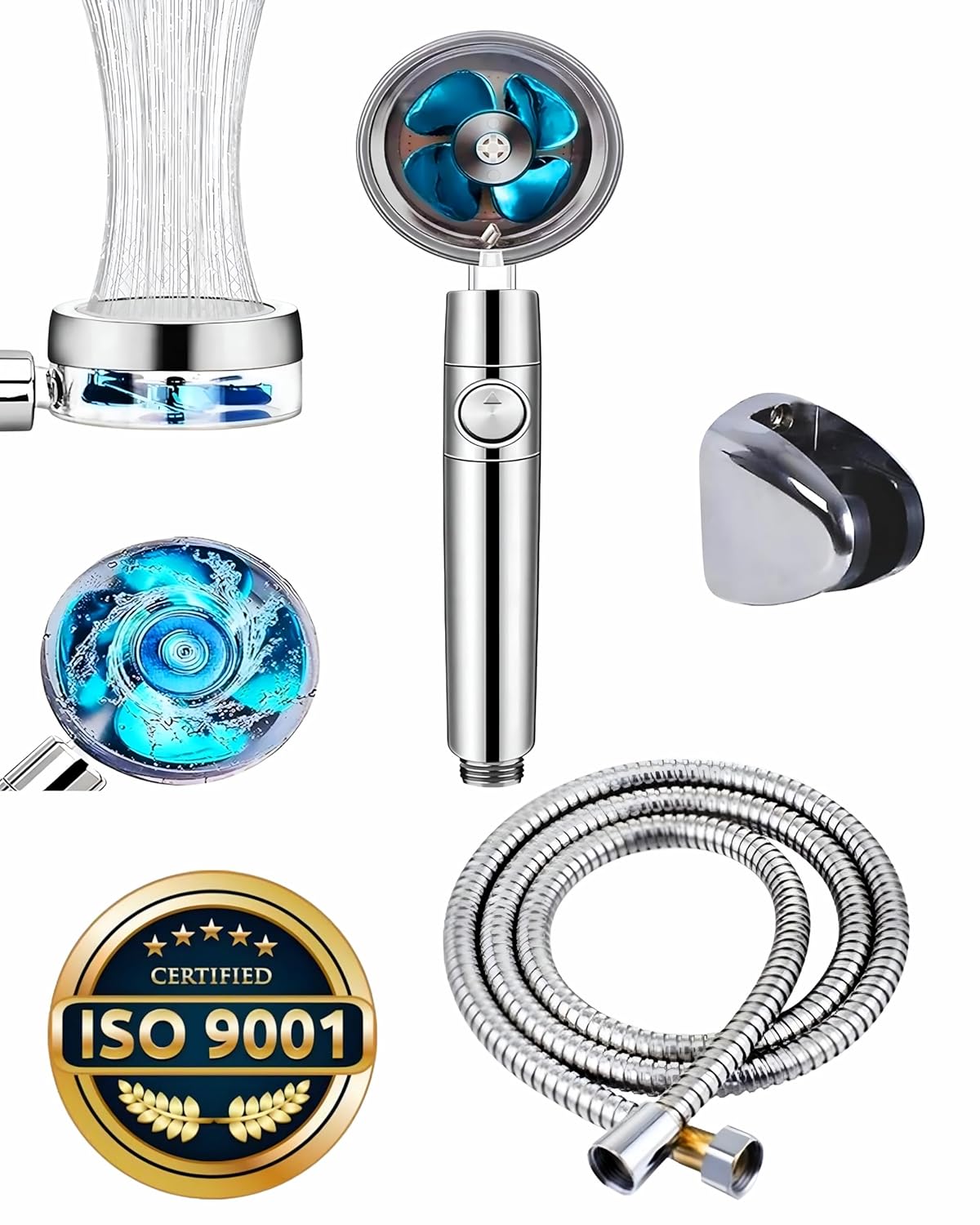 Kyrotech Silver Sapphire Turbo Pervaneli Duş Başlığı Yüksek Basınçlı Fıskiye Batarya Start/Stop Düğmeli Duş Hortumu 150 Cm Ve Mafsal Set Duş Başlığı Seti