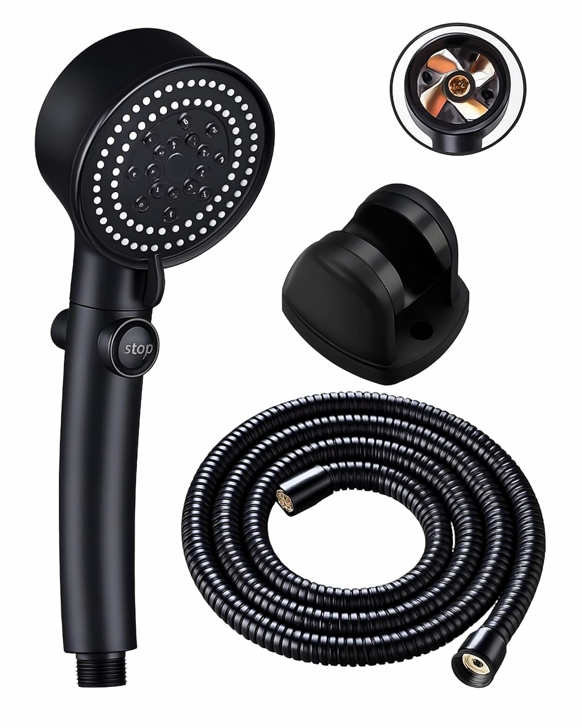 Kyrotech Turbo Pervaneli Basınçlı Duş Başlığı Seti | 5 Fonksiyonlu Sprey Modu, Ergonomik Tasarım, 150 cm Esnek Hortum ve Mafsallı Tutucu, Yüksek Basınç Su Tasarruflu Duş Sistemi