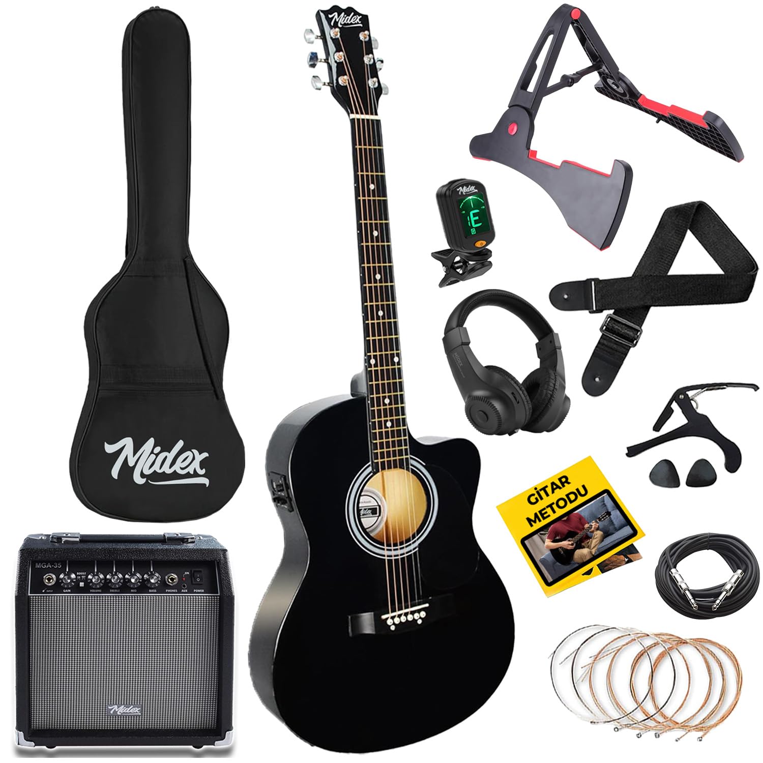 Midex RG-560BK-AMP Siyah Amfili Elektro Akustik Gitar Full Set