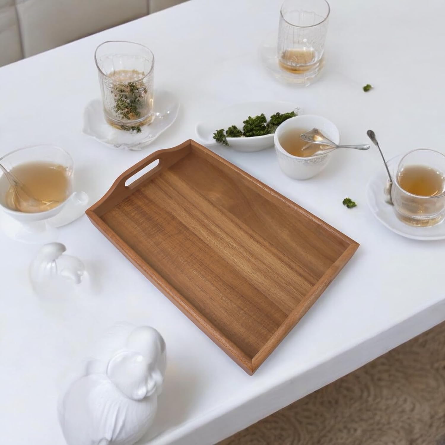 Deconox Akasya Ağacından Dikdörtgen Sunum Tepsi, Ahşap Çay, Kahve ve Servis Tepsisi (33x22x5cm)
