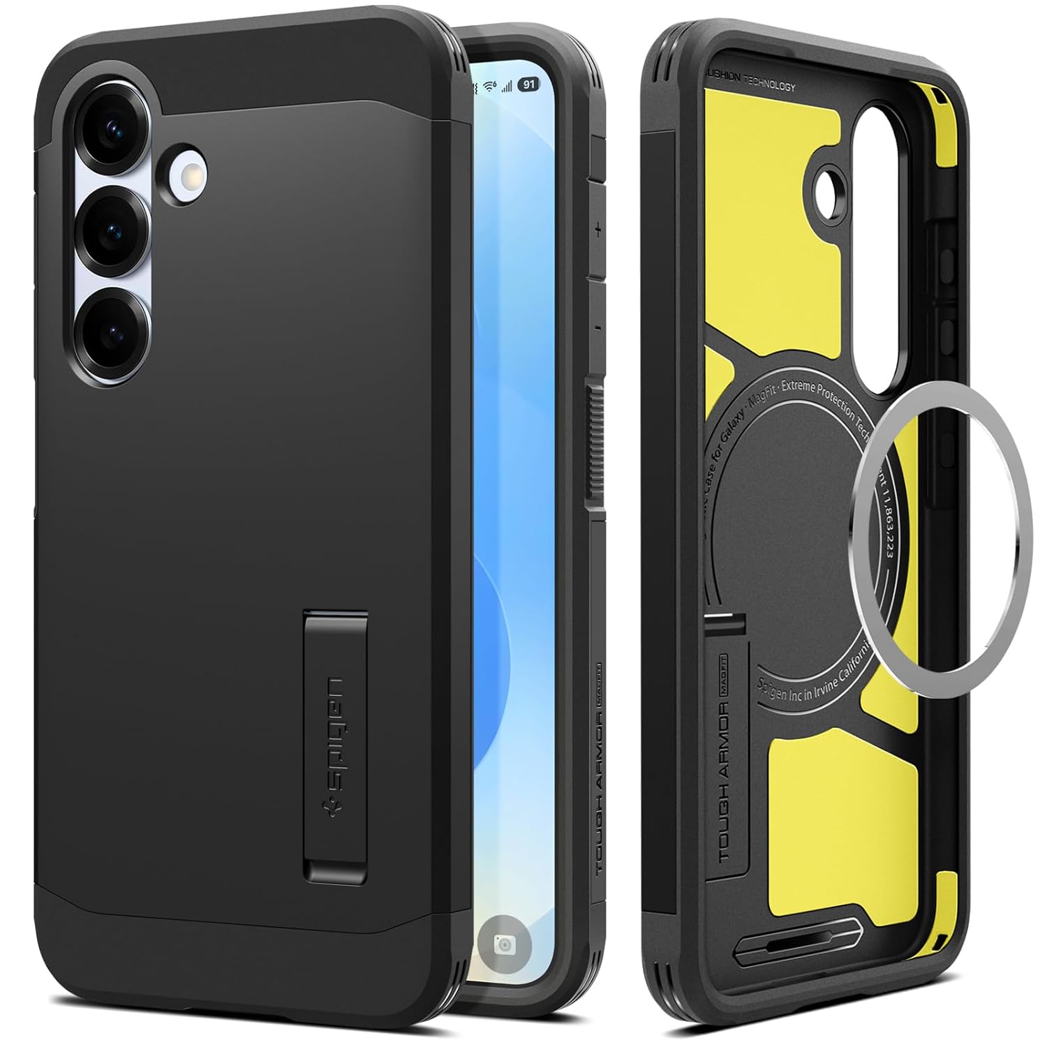 Spigen Galaxy S25 ile uyumlu Ekstra Dayanıklı Kılıf Tough Armor Ai Hava Kanalı Teknolojisi Askeri Sınıf Koruma MagFit özellikli KickStand'lı Black Çift Katman Kapak - ACS09008