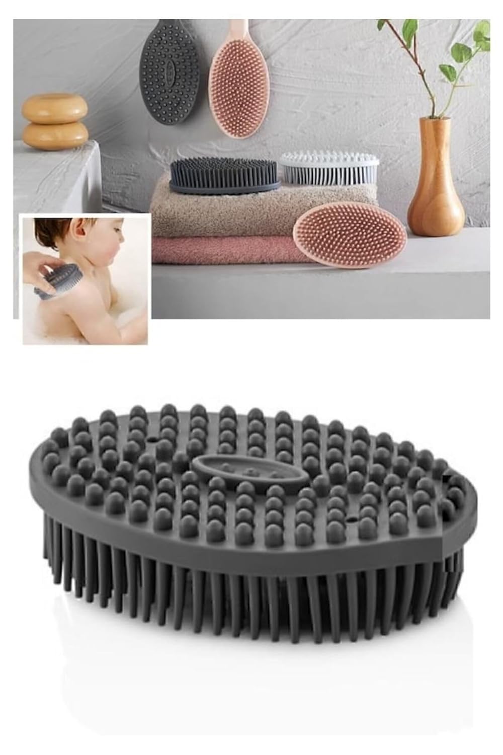 Seahome Vücut Masaj Fırçası, Çift Taraflı Sırt Kese Banyo Duş Bebek Duş Fırça Masaj Yumuşak Fırça Antrasit Dşfrçant