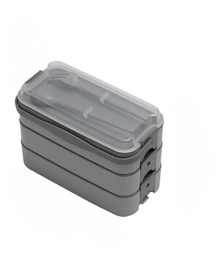 Orret Home 1260 ml 3 Katlı 6 Bölmeli BPA'sız PP Plastik Sefer Taşıma ve Beslenme Çantası, Kilitli Bento Lunch Box, Mikrodalgaya Uygun, Çatal ve Kaşık Dahil (Gri)