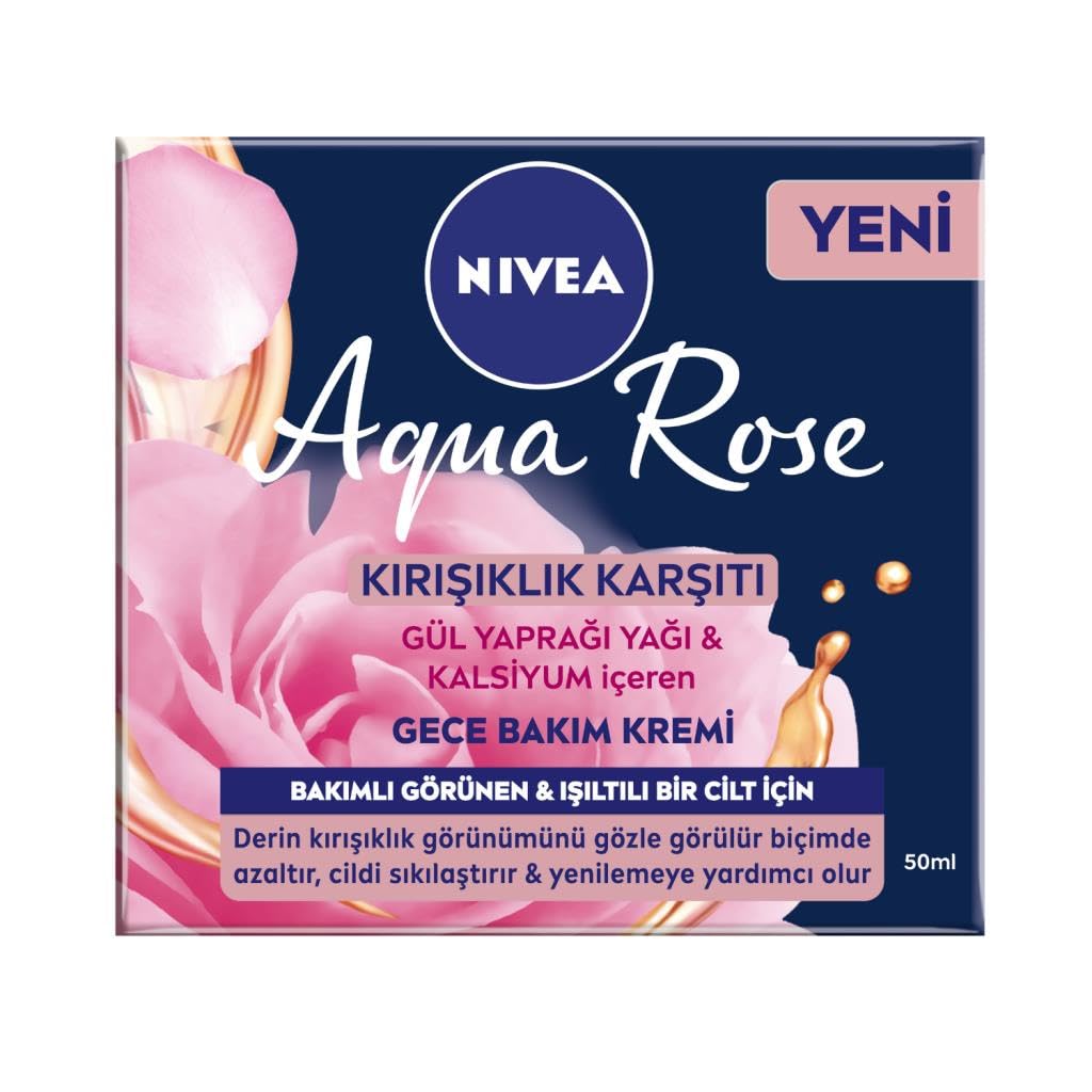 NIVEA Aqua Rose Kırışıklık Karşıtı Gece Yüz Bakım Kremi 50ml, Kalsiyum, İnce Çizgi Görünümü, Sıkı Cilt