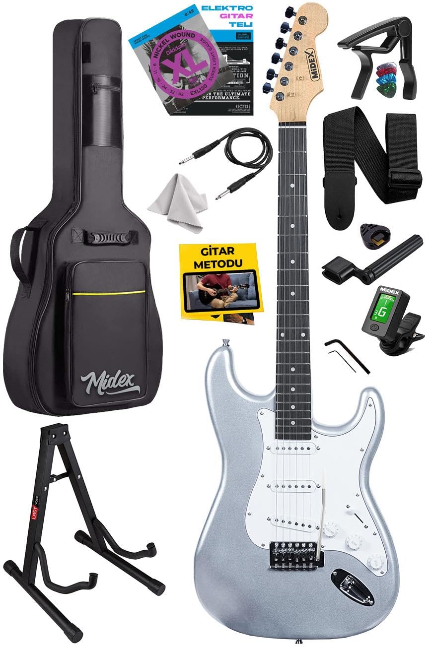 Midex RPH-30SL-ST Gül Klavye Silver Strat Kasa SSS Elektro Gitar Seti