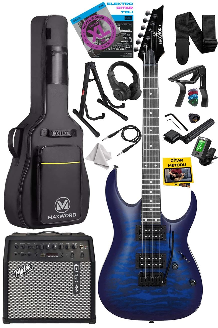 Maxword Grade-50AMP Blue Rosewood Yüksek Kalite 50W Amfili Elektro Gitar