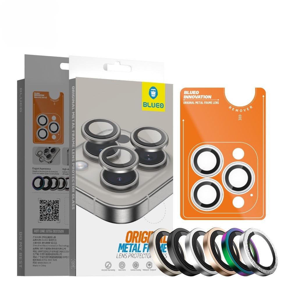 Blueo iPhone 16/16 Plus / 16 Pro / 16 Pro Max Uyumlu Metal Frame Aplikatörlü Kamera Lens Camı Koruyucu (Natural Gri, iPhone 16 Pro / 16 Pro Max)