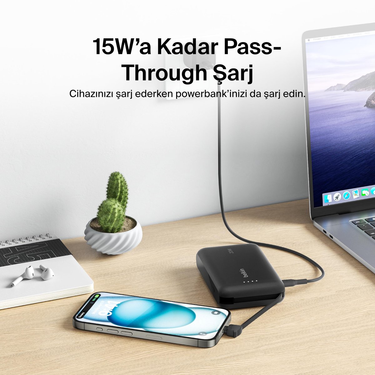 Belkin BoostCharge Power Bank, Entegre Kablolu Taşınabilir Şarj Cihazı 10K PD 20W - USB-C Güç Dağıtımı, iPhone Power Bank iPhone 17 Serisi, iPad Pro, Galaxy S25 ve Daha Fazlası için Hızlı Şarj