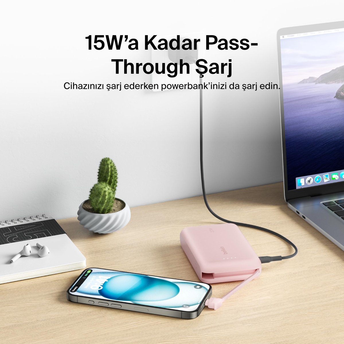 Belkin BoostCharge Power Bank, Entegre Kablolu Taşınabilir Şarj Cihazı 10K PD 20W - USB-C Güç Dağıtımı, iPhone Power Bank iPhone 17 Serisi, iPad Pro, Galaxy S25 ve Daha Fazlası için Hızlı Şarj