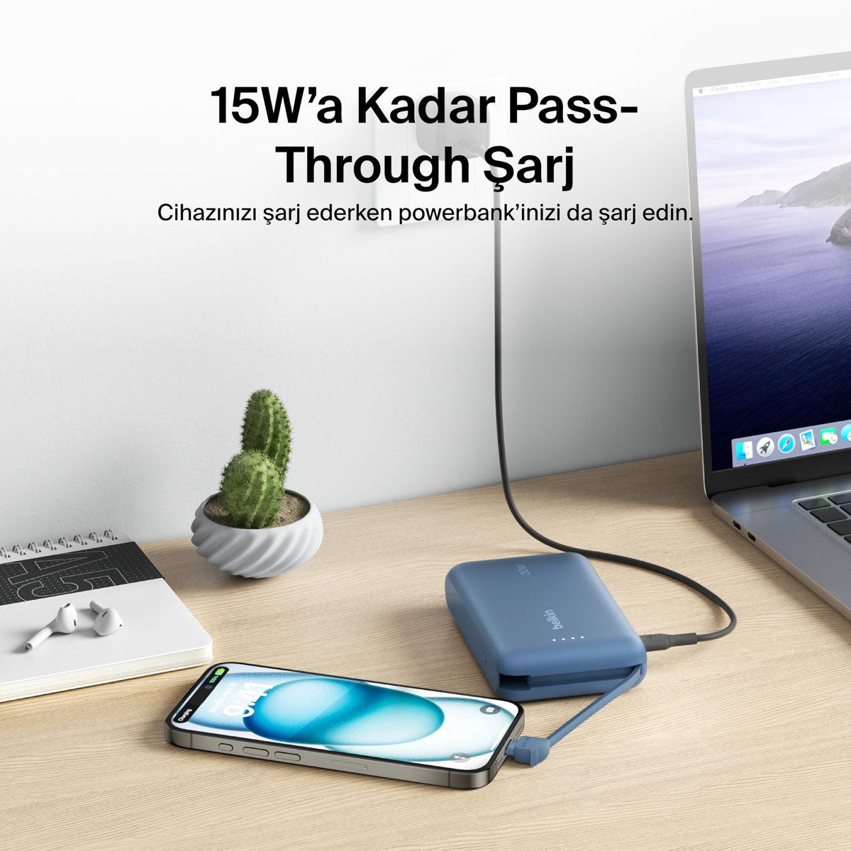 Belkin BoostCharge Power Bank, Entegre Kablolu Taşınabilir Şarj Cihazı 10K PD 20W - USB-C Güç Dağıtımı, iPhone Power Bank iPhone 16 Serisi, iPad Pro, Galaxy S24 ve Daha Fazlası için Hızlı Şarj