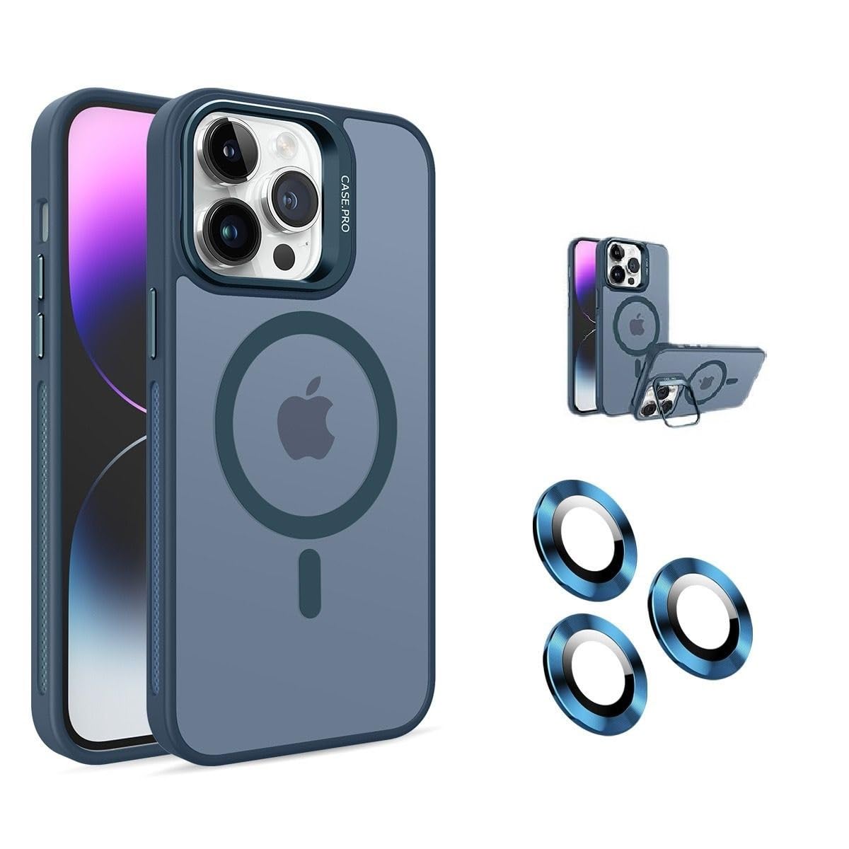 Teknosepetim iPhone 16 Pro Max Kamera Korumalı Standlı Kılıf Magsafe ile Uyumlu Açılır Kamera Standlı Manyetik 16 Pro Max Kılıf + Lens Koruma Set Darbeye Karşı Korur (Deniz Mavisi)
