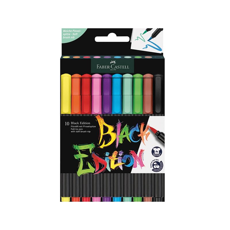 Faber-Castell Black Edition Keçeli Kalem Fırça Uç 10’lu, Parlak Renkler, Yazım ve Boyama İçin Uygun, Yumuşak ve Esnek Uç