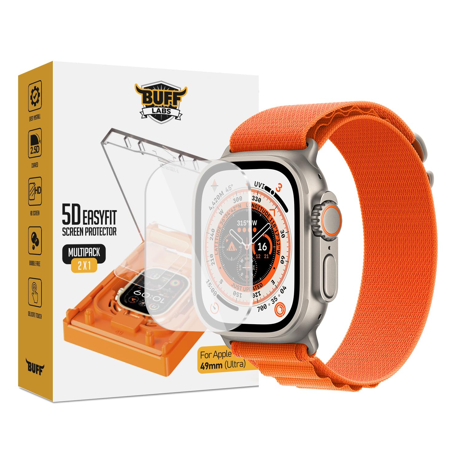 BUFF LABS Watch Ultra 2/Ultra Uyumlu 49mm EastFit 2 Adet Ekran Koruyucu, Uygulama Aparatlı, Tam Kaplayan, Yüksek Hassasiyetli, Slim