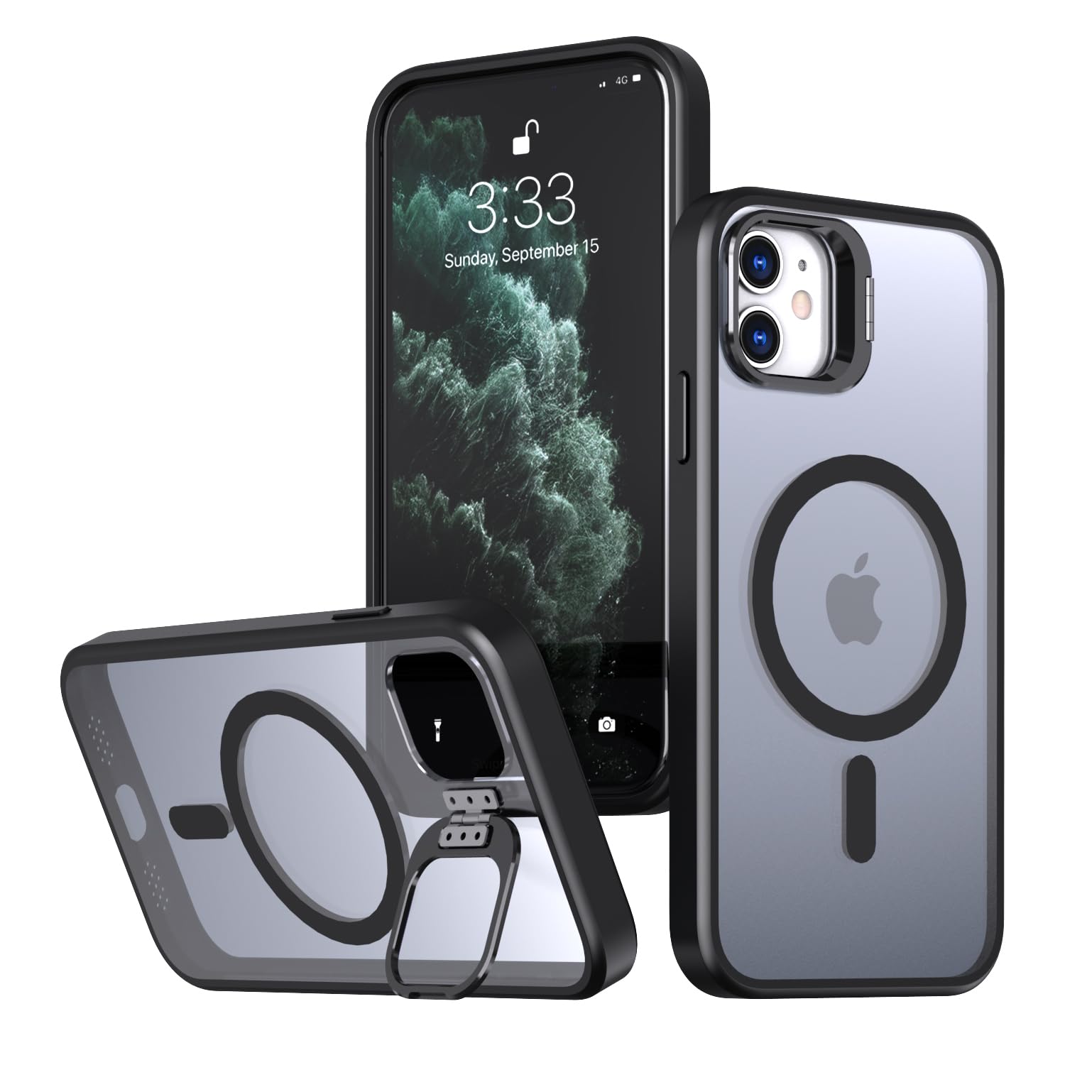 Klassegear iphone 11/XR uyumlu Metal Lens Koruma Çerçevesi/Standlı Güçlü Mıknatıslı Bağımsız Buton Hoparlör Koruma Mat Şeffaf Telefon Kılıfı (Siyah)