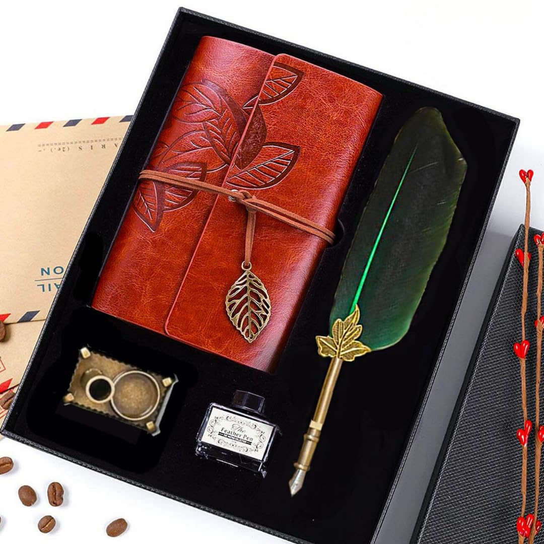 Deri Hatıra Defteri Masa Üstü Tüylü Divit Kalem Mürekkep Seti