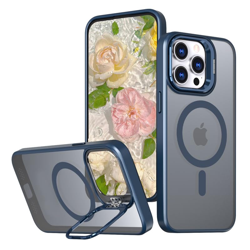 KlasseGear iphone 15 Pro Max uyumlu Metal Lens Koruma Çerçevesi/Standlı Güçlü Mıknatıslı Bağımsız Buton Hoparlör Koruma Mat Şeffaf Telefon Kılıfı (Mavi)
