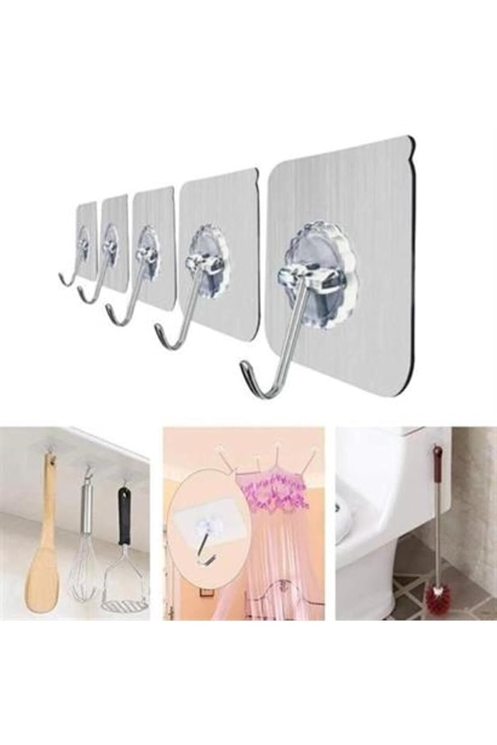 Roichil Süper Güçlü Yapışkanlı Suya Dayanıklı Şeffaf Askı 5li Set Yeniden Kullanılabilir Kancalar Gri