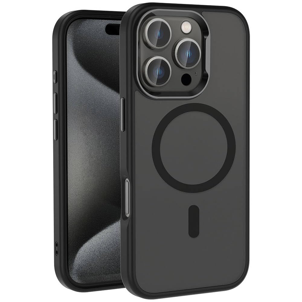 Zore Apple ile uyumlu iPhone 16 Pro Max Kılıf M-safe Şarj Özellikli Parlak Kamera Çerçeveli Zore Kost Kapak Siyah