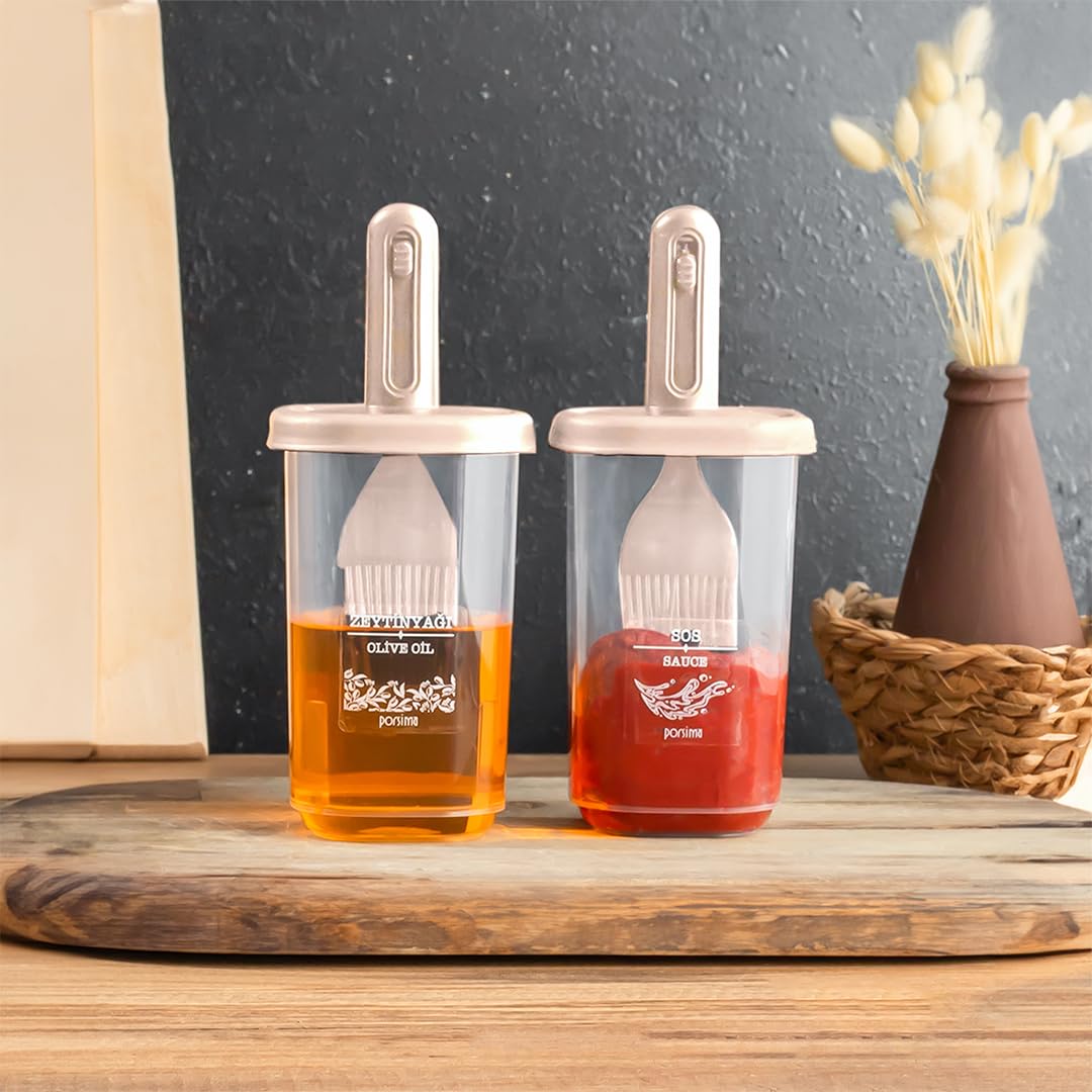 Porsima 0520 2'li Etiketli Silikon Fırçalı Yağlık - Sosluk-Yağdanlık Erzak Saklama Kabı 350cc - Cappuccino