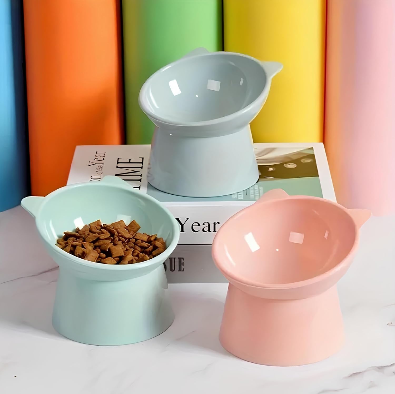 GOBYPET Ahşap Kedi Mama ve Su Kabı ile Kedi Köpek Paspası - Çift Hazneli Seramik Demonte Mama Su Kabı - Ayarlanabilir (Pembe Seramik)