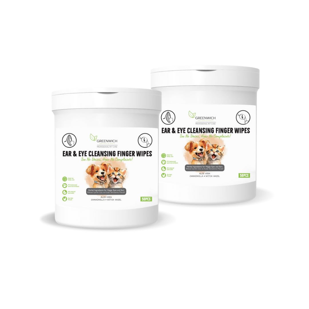 Greenwich Bitkisel İçerikli Kedi Köpek Göz Kulak Mendili 2 * 50 Adet | Gözyaşı Kiri | Kulak Akıntısı | Kaşıntı Tahriş Giderici | Parmak Mendil | Vegan