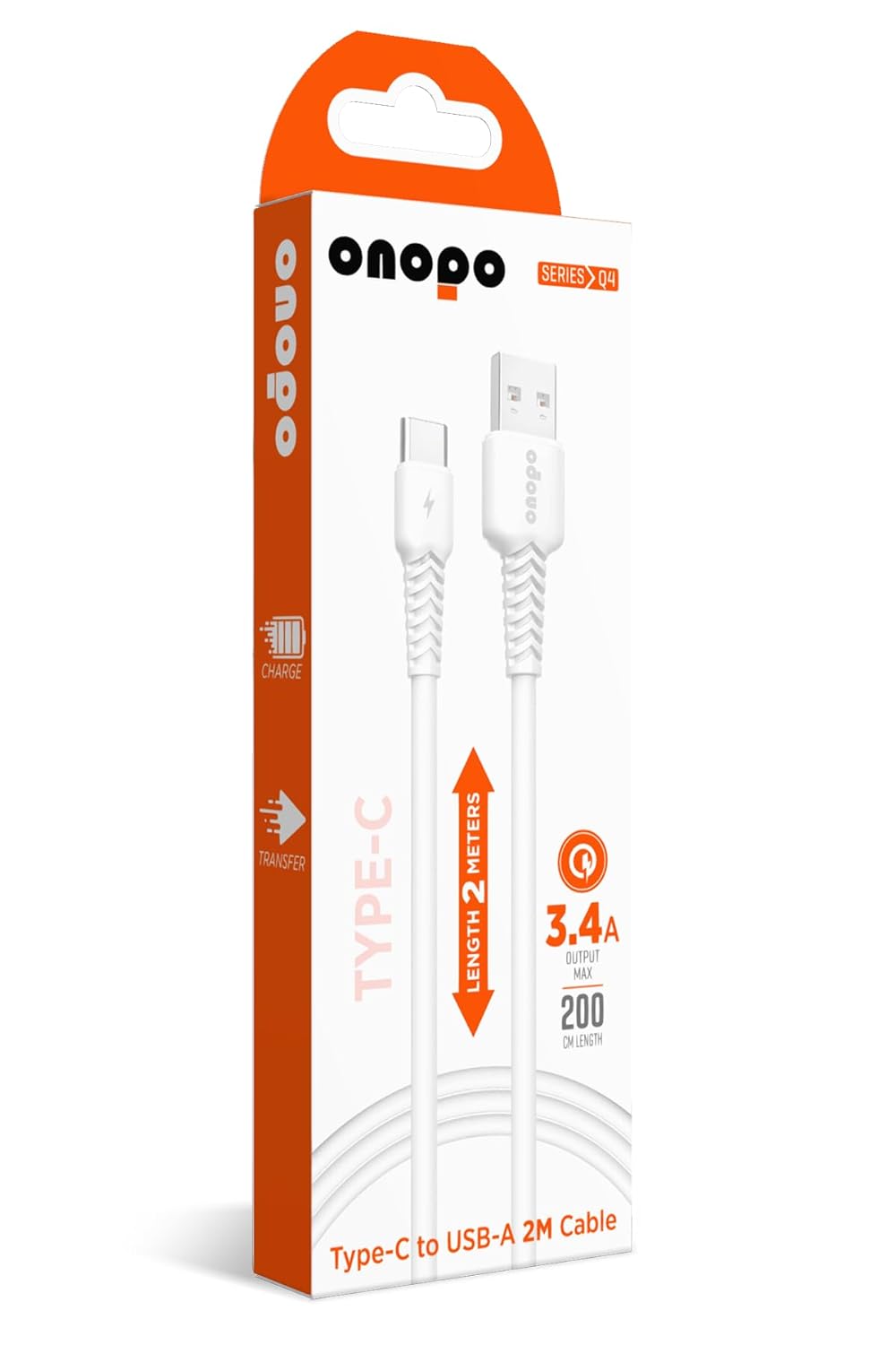 Android Uyumlu 2 Metre Type-C to USB Kablo – 3.4A Hızlı Şarj ve Veri Aktarımı, Beyaz | Onopo Q4