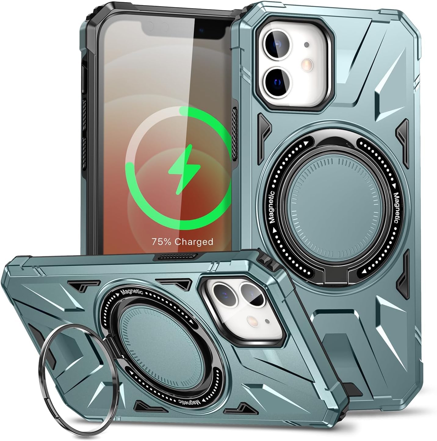 Heartz Rugged Kapak Döner Stand ve MagSafe Uyumlu Tam Korumalı Kaliteli Telefon Kılıfı, Çok Renkli (İPHONE 12-12 PRO MAVİ)