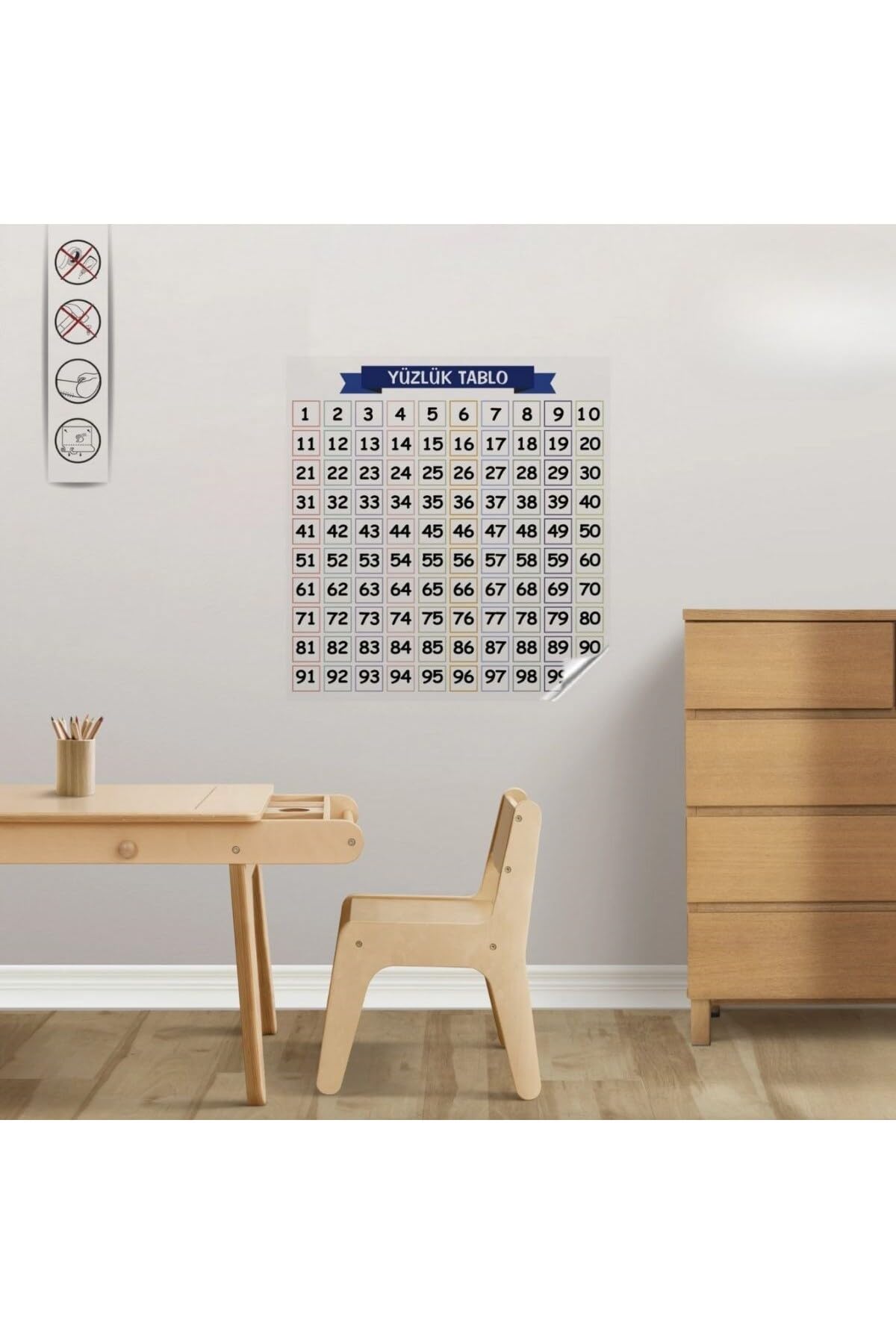 BUFFER® Matematik Öğreten Yüzlük Tablo Duvarda İz Bırakmaz Akıllı Kağıt Yapışkansız Statik 60x60 cm