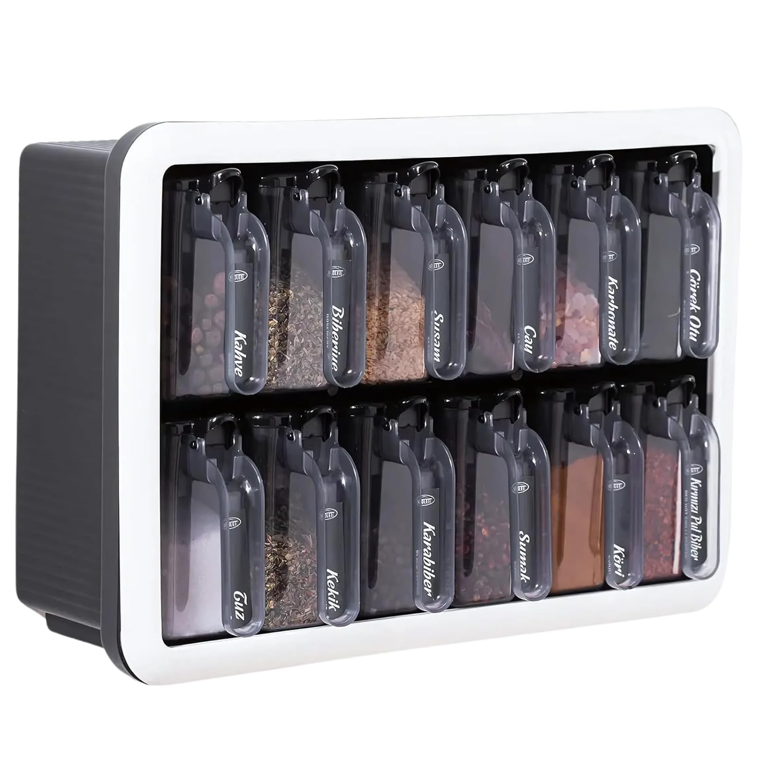 12'li Kaşıklı Baharatlık Seti - Ultra Güçlü Yapışkan ile Duvara Monte ve Tezgah Üstü Kullanım, Kapaklı Mutfak Düzenleyici Baharatlık Takımı, Antresit Renk