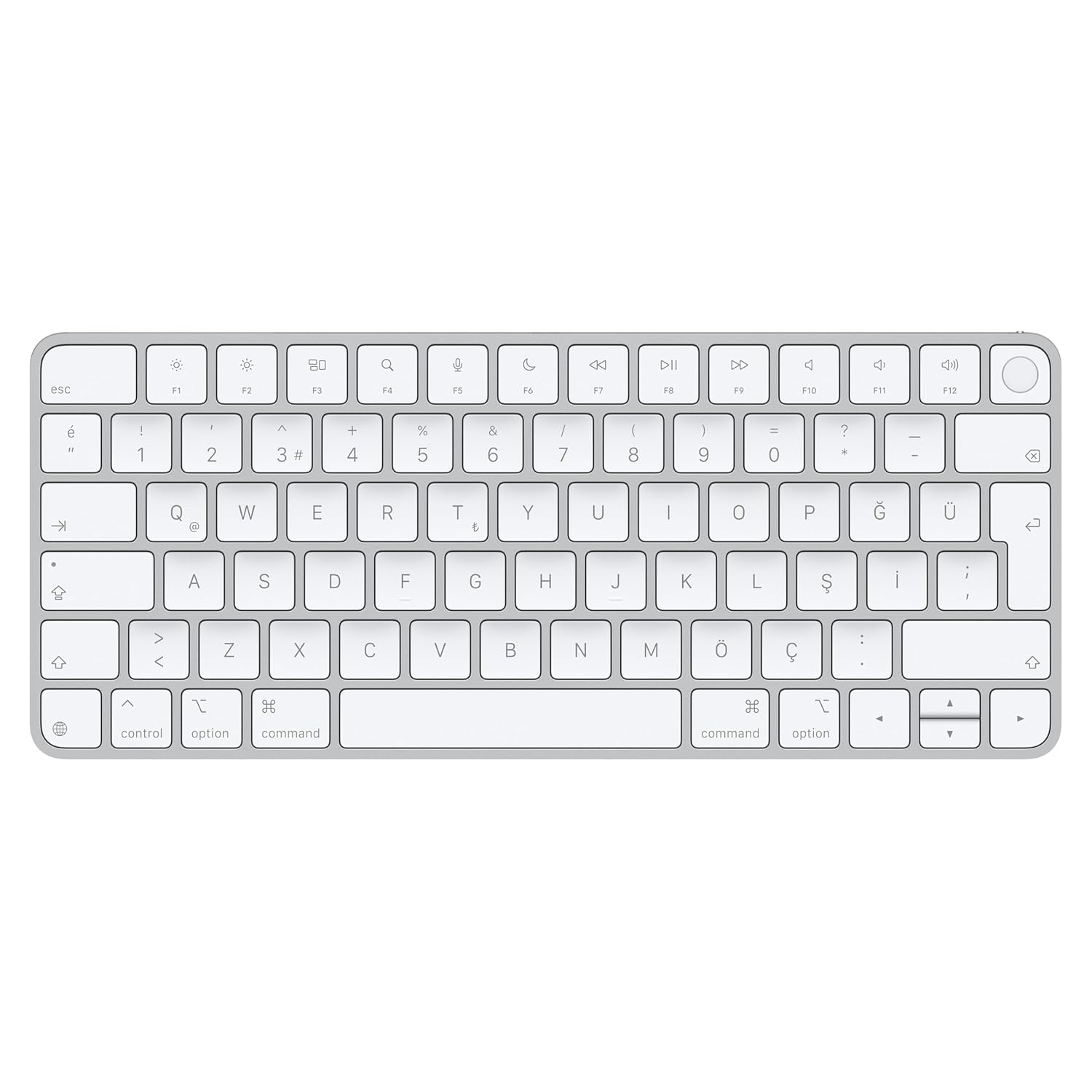 Apple Touch ID özellikli Magic Keyboard: Bluetooth, şarj edilebilir. Apple çipe sahip Mac bilgisayarlarla çalışır; Türkçe Q Klavye, Beyaz Tuşlar (USB-C)