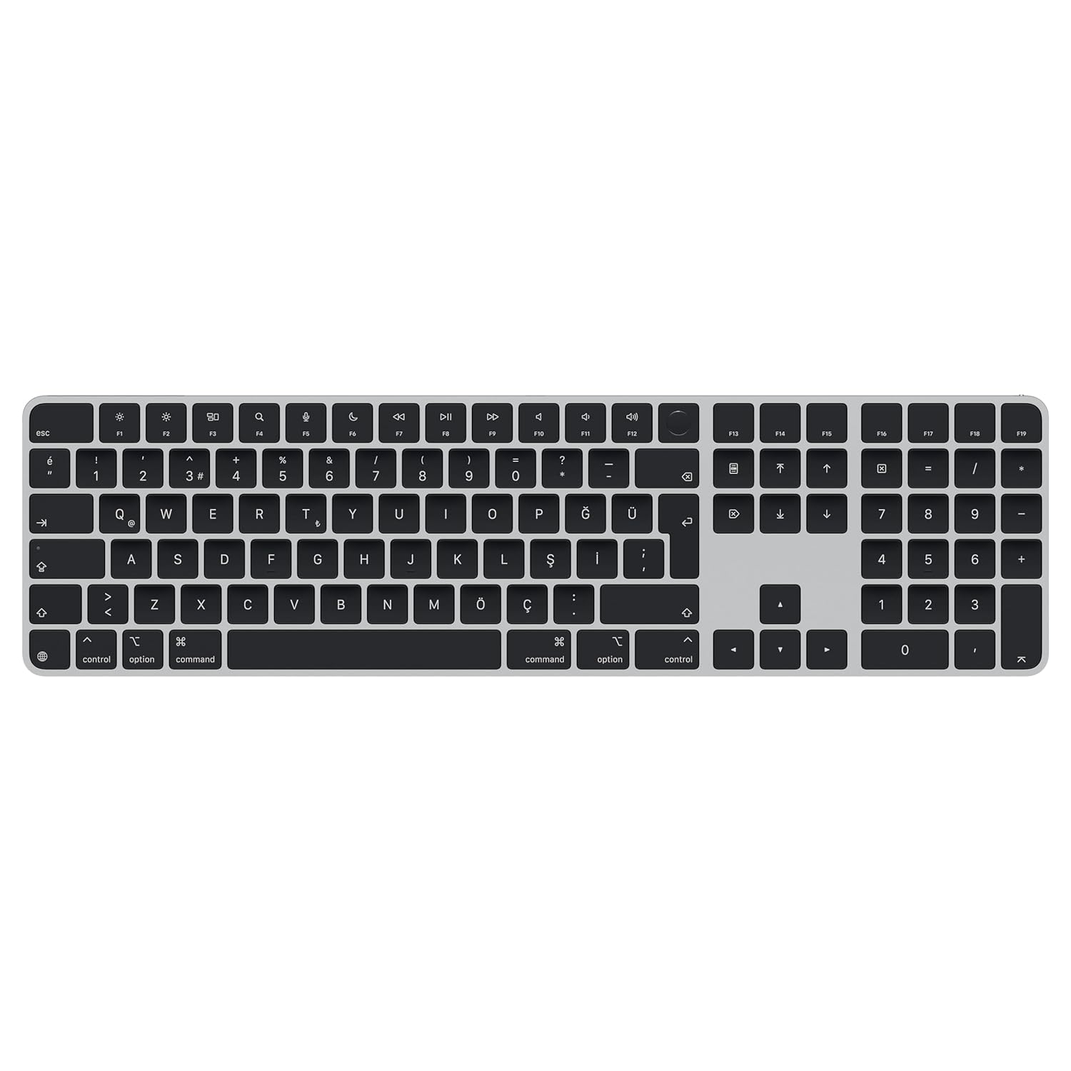 Apple Touch ID özellikli ve Sayısal Tuş Takımlı Magic Keyboard: Bluetooth, şarj edilebilir. Apple çipe sahip Mac bilgisayarlarla çalışır; Türkçe Q Klavye, Siyah tuşlar (USB-C)
