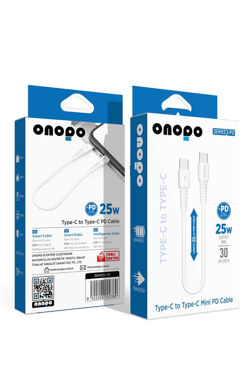 Onopo P2 Type-C to Type-C Mini PD 25W Hızlı Şarj ve Data Kablosu | 30CM | Android Uyumlu | 480Mbps Veri Aktarımı