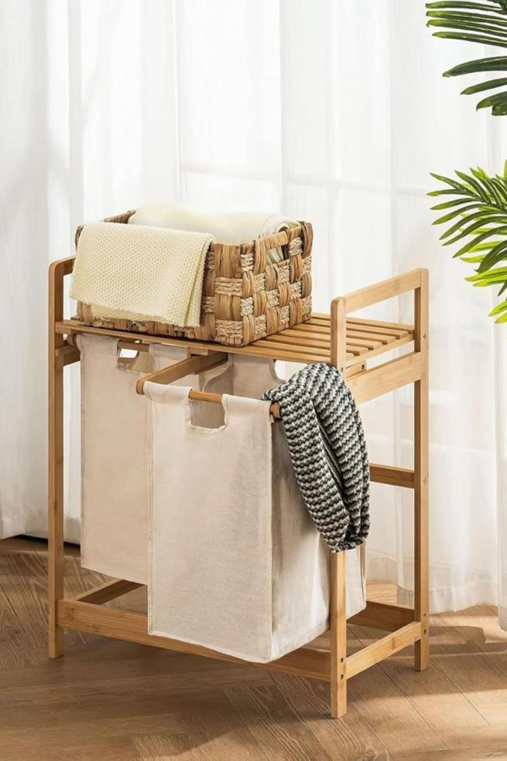Digithome Bambu 2 Bölmeli Kirli Sepetli Çamaşır Sepeti Raflı Banyo Düzenleyici DB-0007