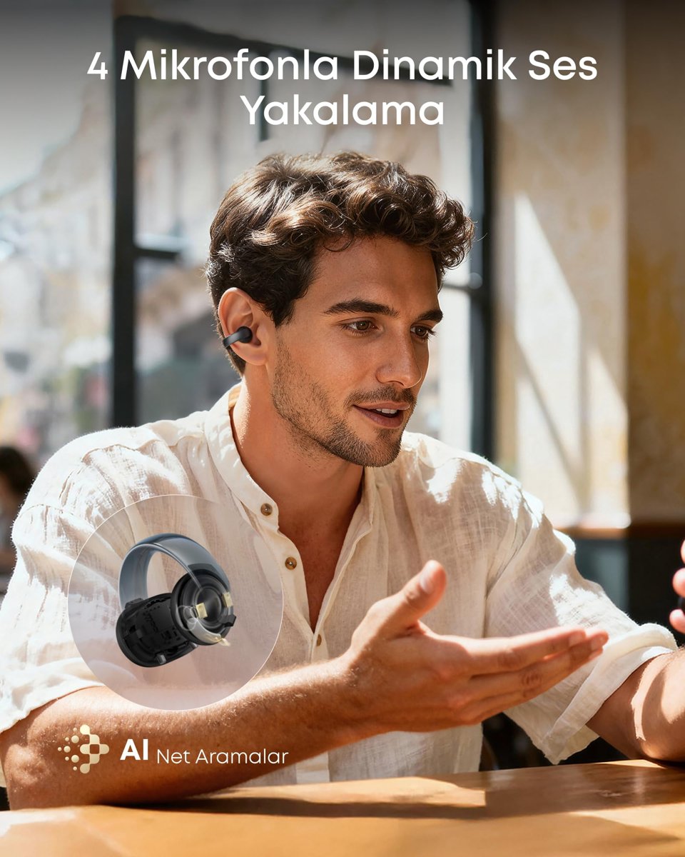 Soundcore AeroClip by Anker, Açık Kulak Kulaklıklar, Klipsli Kulaklıklar, Uyarlanabilir Konfor, 4 Mikrofon ve Yapay Zeka ile Net Aramalar, Kararlı Uyum, Güçlü Bas için 12 mm Sürücüler, Yüksek