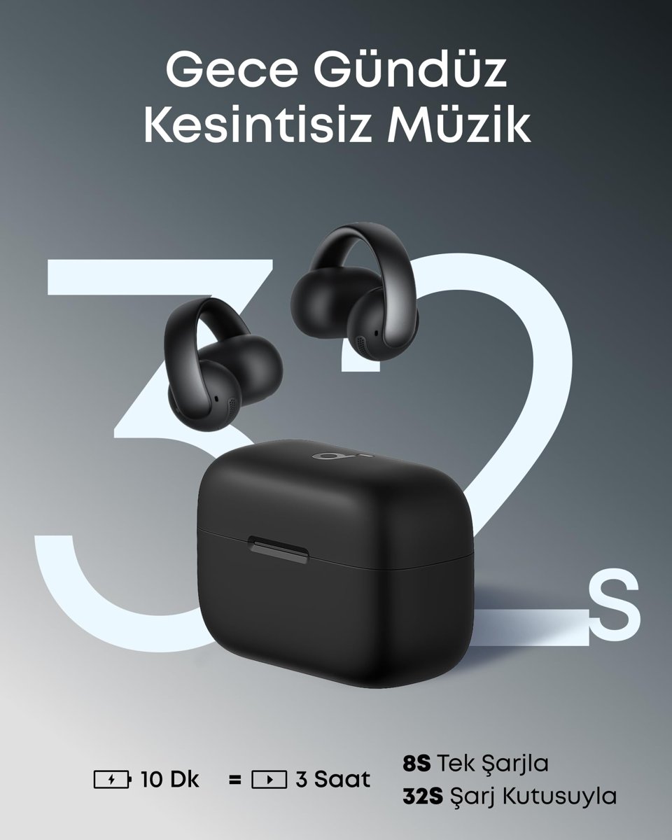 Soundcore AeroClip by Anker, Açık Kulak Kulaklıklar, Klipsli Kulaklıklar, Uyarlanabilir Konfor, 4 Mikrofon ve Yapay Zeka ile Net Aramalar, Kararlı Uyum, Güçlü Bas için 12 mm Sürücüler, Yüksek