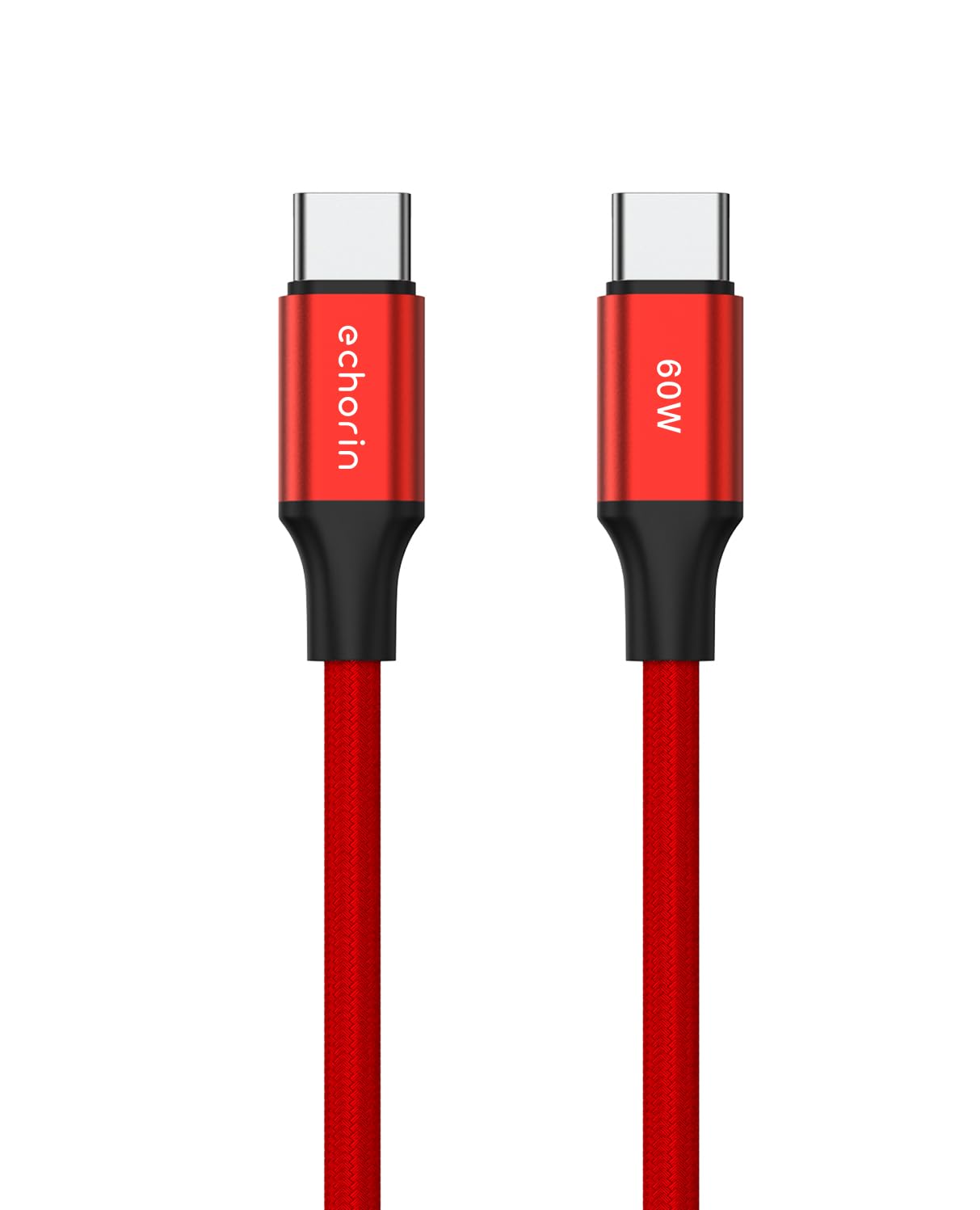 Echorin USB C'den USB C'ye 60W, 2.4A, 1m, PD 2.0, Çift Kat Örgülü Hızlı Şarj ve Data Kablosu (Kırmızı, 1 metre)