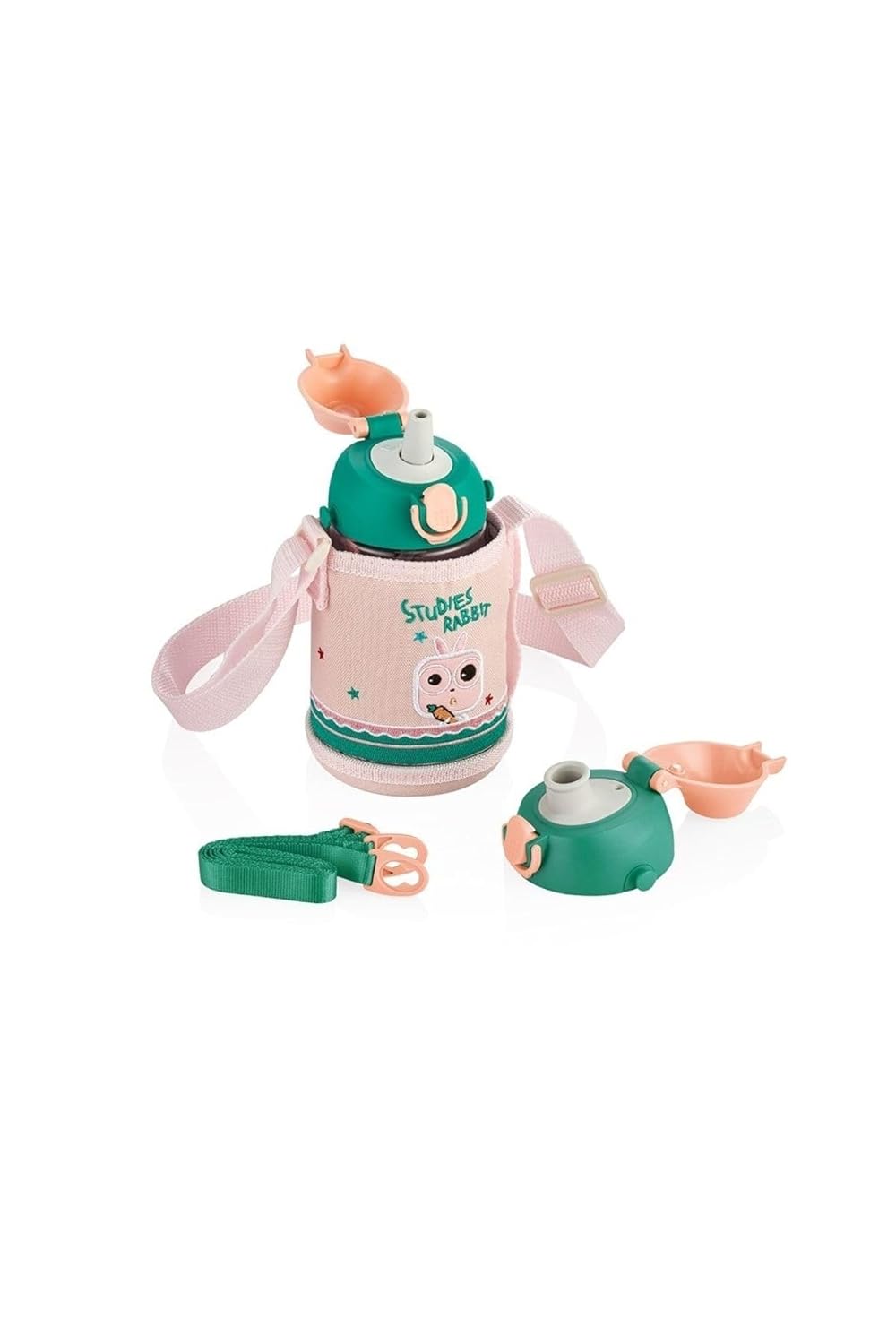 Uzspace Çocuk Kılıflı 2 Ayrı Kapaklı Pipetli Tritan Su Matarası 480Ml 6955485620136