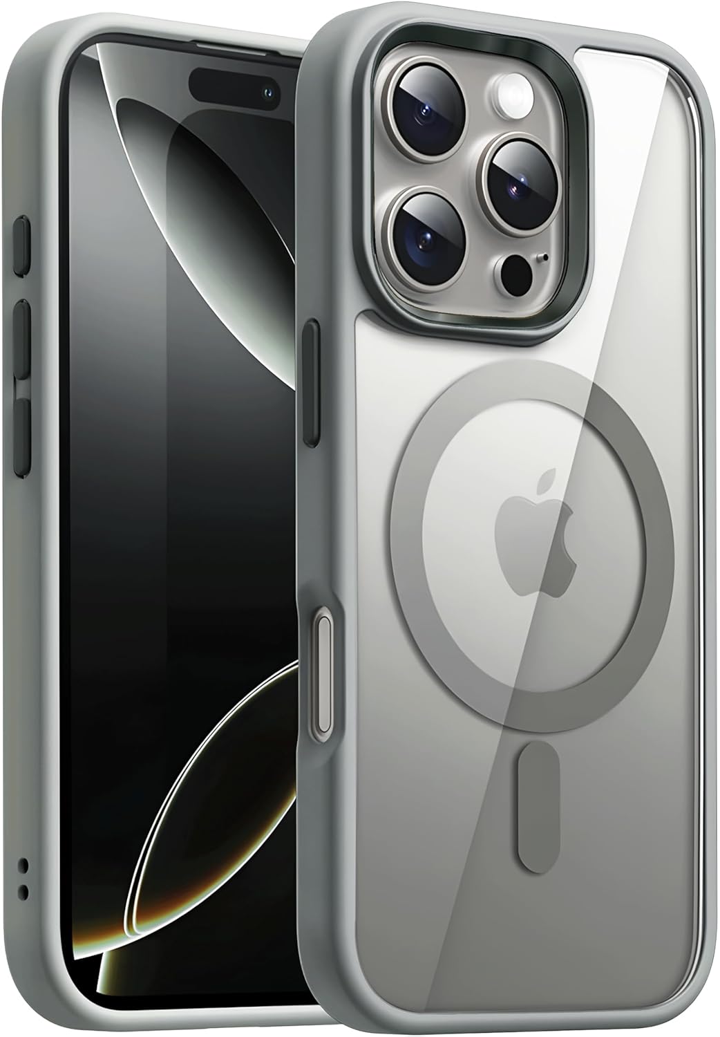 Minesk iPhone 16 Pro için SUPER-CRYSTAL Magsafe ile Uyumlu Kılıf Arkası Kristal Berraklığında Cam Görünüm Kenarları Darbe Emici Silikon Hybrid Kılıf (Titanyum Gri, 16 Pro)