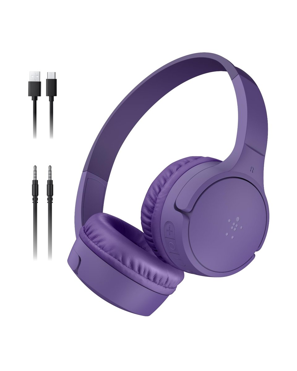 Belkin SoundForm mini kablosuz çocuk kulaklığı, entegre mikrofonlu ve eğlenceli çıkartmalı, 30 saat oynatma – ders, tatil, iPhone, iPad, Galaxy için kulak üstü kulaklık, lila