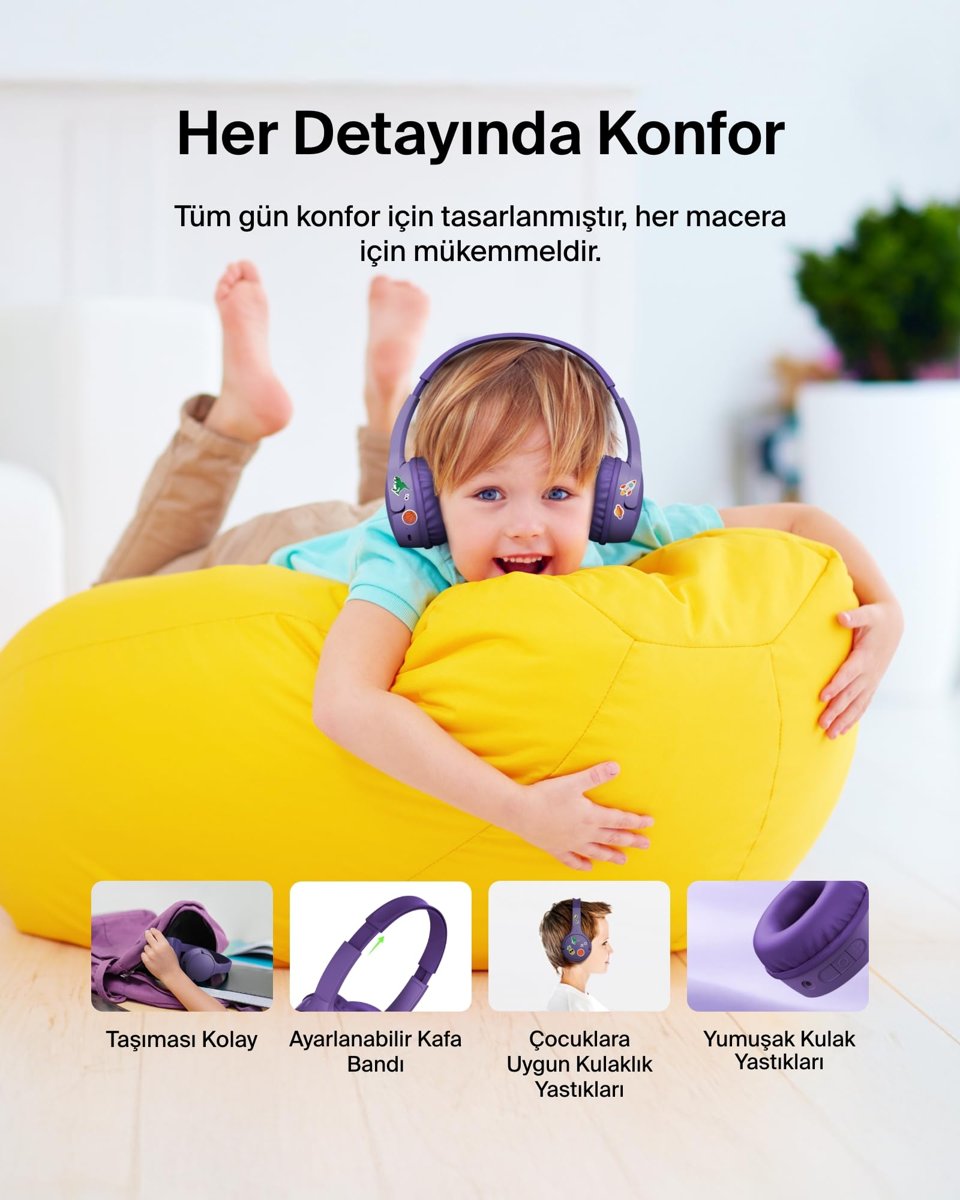 Belkin SoundForm mini kablosuz çocuk kulaklığı, entegre mikrofonlu ve eğlenceli çıkartmalı, 30 saat oynatma – ders, tatil, iPhone, iPad, Galaxy için kulak üstü kulaklık, lila
