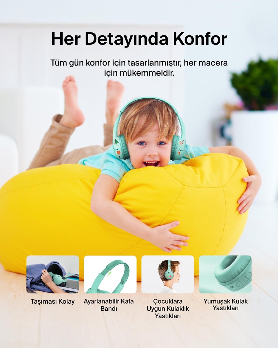 Belkin SoundForm Mini Çocuk Kablosuz Kulaklık – Dahili Mikrofon, 30 Saat Çalma, Eğlenceli Çıkartmalar, Okul, Seyahat, iPhone, iPad, Galaxy için Kulak Üstü Tasarım