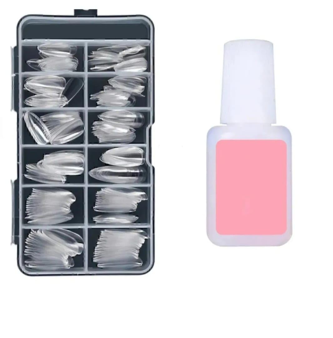 Takma Tırnak Seti (100LÜ ŞEFFAF BADEM PROTEZ TIRNAK/TAKMA TIRNAK+10 GR FIRÇALI EXTRA GÜÇLÜ YAPIŞTIRICI/Nail Glue/Tırnak Yapıştırıcısı)