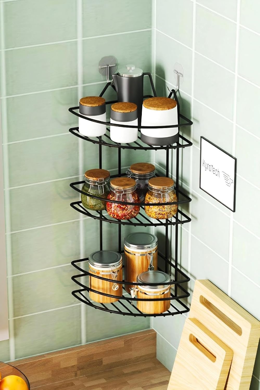 Kyrotech 3 Katlı Siyah Paslanmaz Baharatlık, Duvar Veya Tezgah Üstü Baharatlık, Köşe Rafı, Köşelik, Baharat Standı, Baharat Rafı, Kahve Rafı, Delme Gerektirmez Yapışkanlı Askı Siyah Renk 50 CM